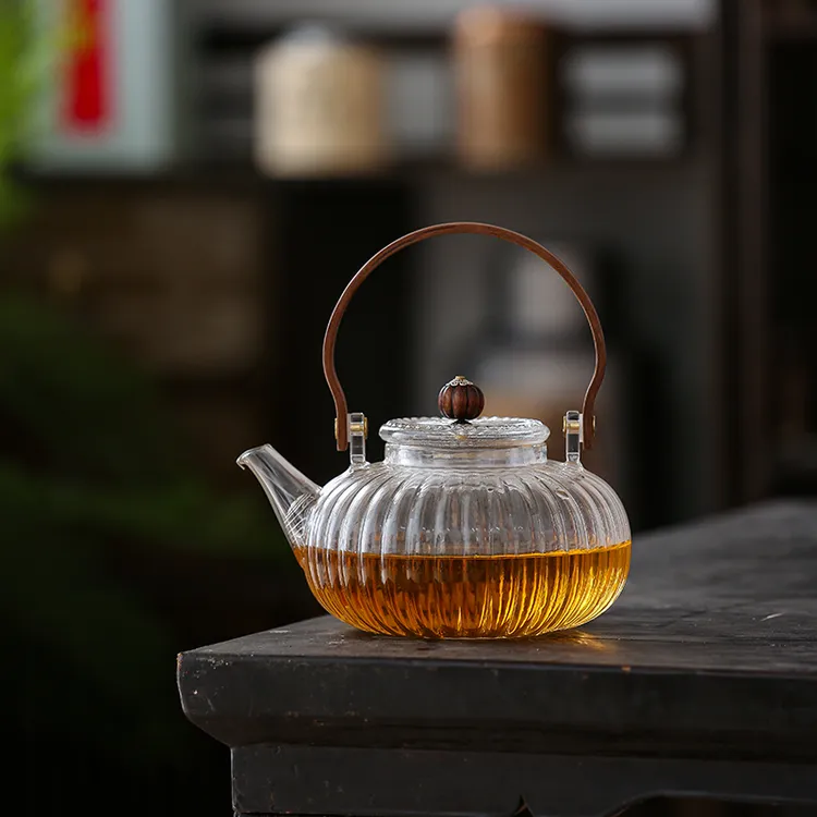 日式南瓜玻璃提梁壶大容量900ml煮水蒸茶加厚泡茶壶胡桃木把茶壶