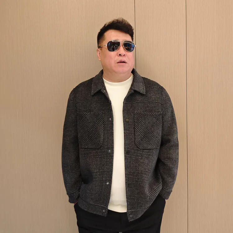 大码男士潮流翻领秋冬加肥加大格子商务休闲毛呢夹克男外套胖子PX