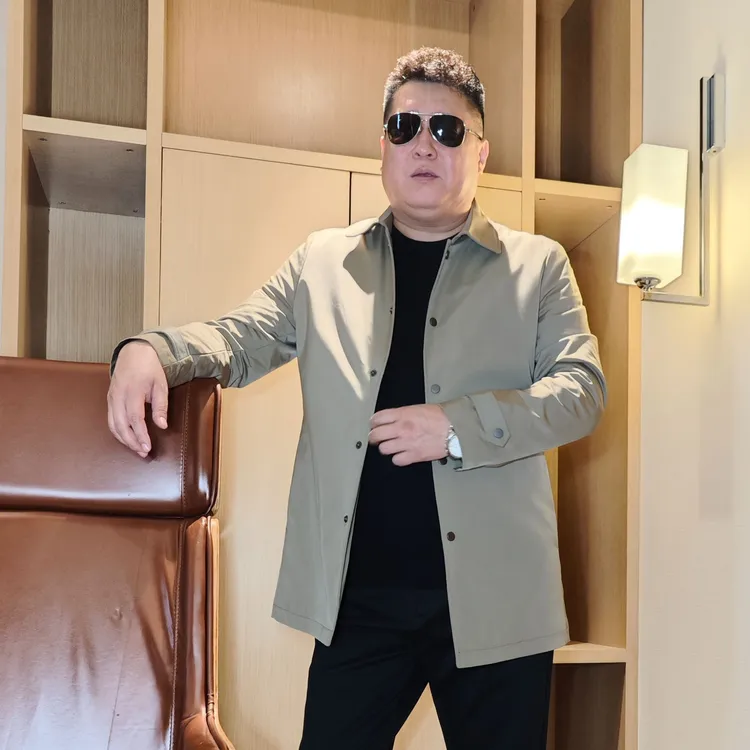 大码男士修身潮流时尚加肥加大韩版翻领中长款商务休闲夹棉风衣DS