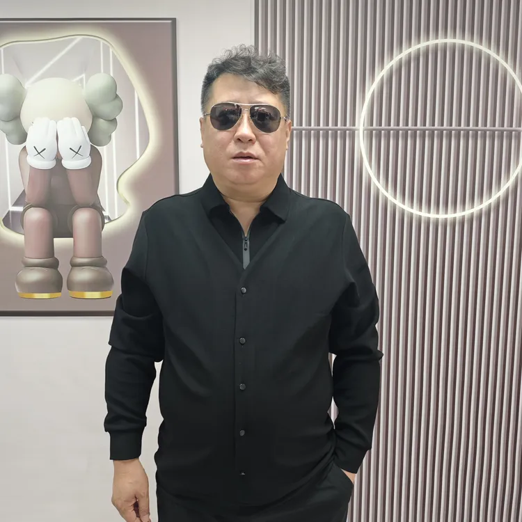 男士时尚简约修身大码秋季纯色翻领长袖商务黑色假两件大码男装DJ