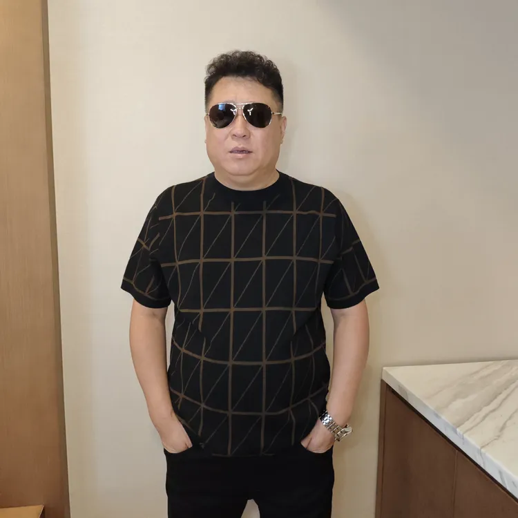 百搭时尚大码提花潮款男士秋季打底半袖休闲圆领复古短袖针织衫FP