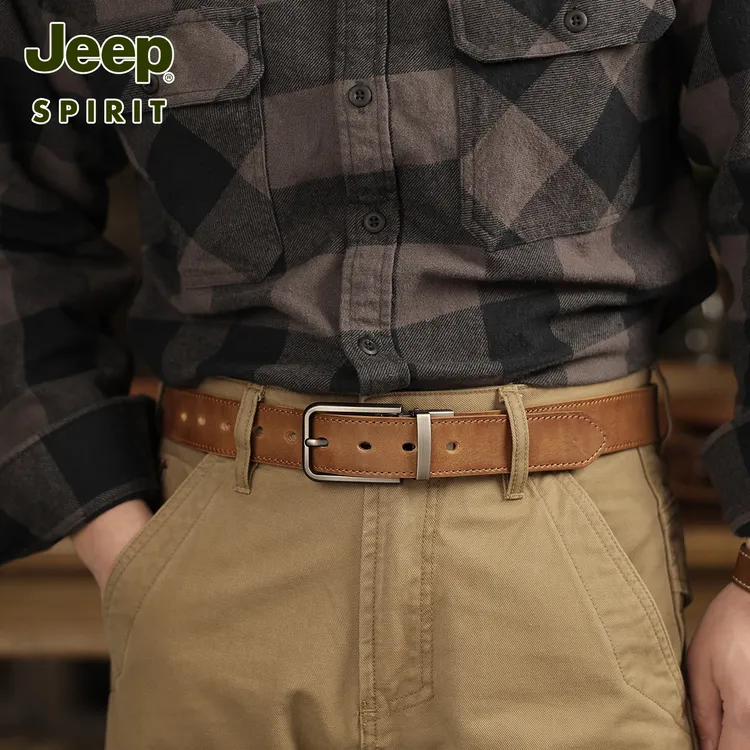 JEEP手工皮带男牛皮休闲棕色裤腰带青年牛皮裤带男中年男士皮带潮