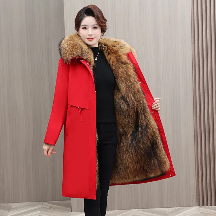 冬季新款皮草外套女加绒派克服女款时尚连帽中长款加厚保暖外套女