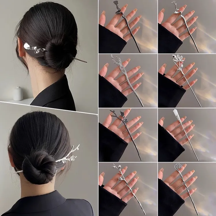 高级感银色发簪盘头发女后脑勺盘发器简约现代发钗古风丸子头簪子
