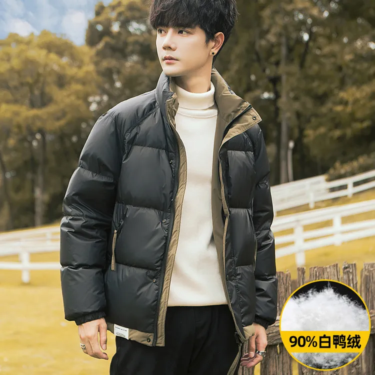 冬季拼色立领羽绒服男短款新款时尚潮流白鸭绒保暖加厚冬装外套