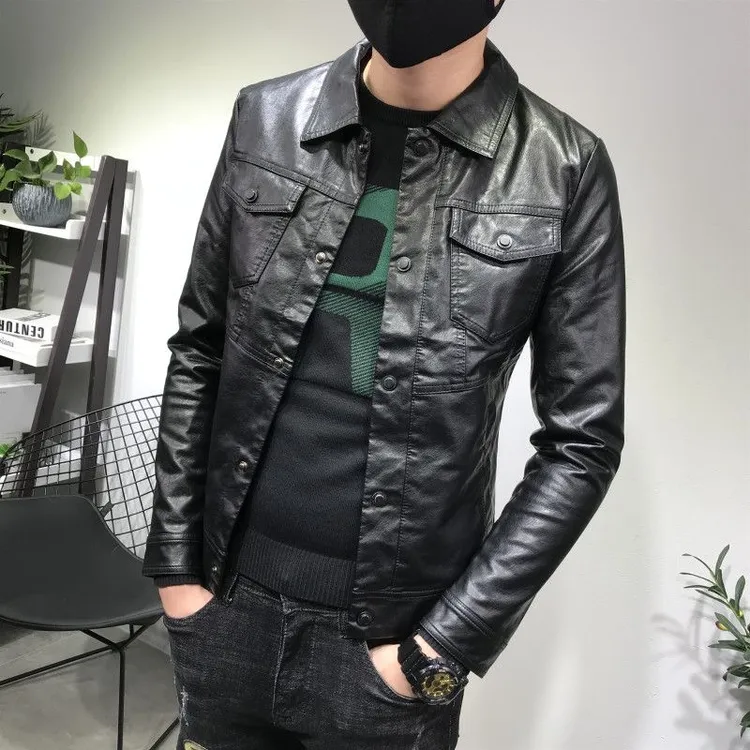 皮衣男士翻领秋季新款潮牌高档百搭短款皮夹克痞帅休闲青年皮外套