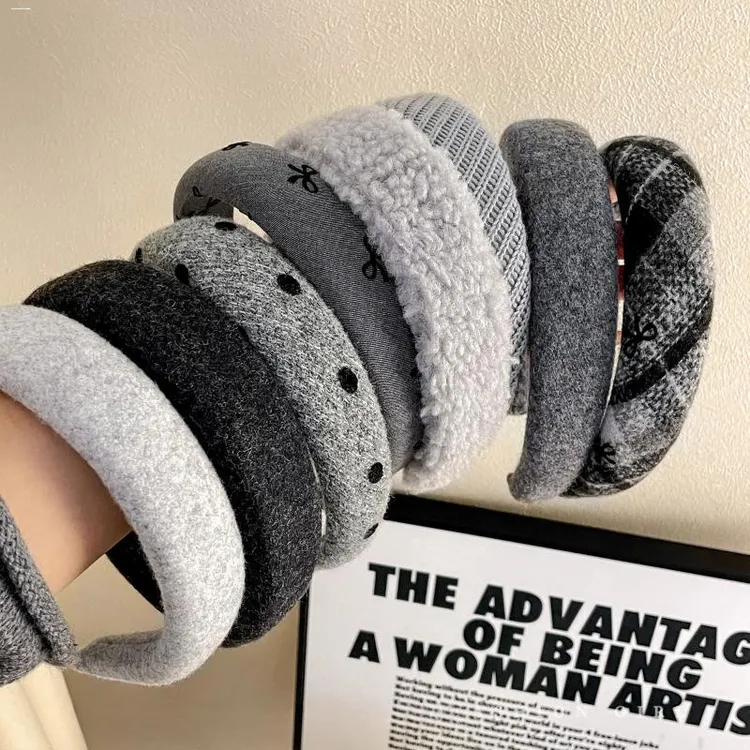 格雷系灰色毛绒宽边发箍女款秋冬高颅顶百搭头饰2025新款洗脸头箍