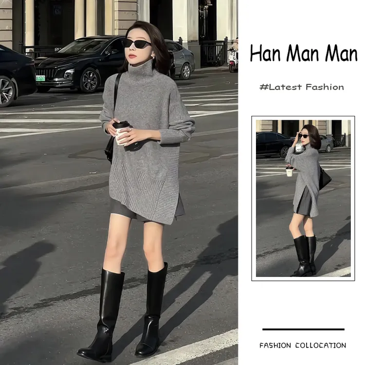 冬季流行穿搭一整套新款2024韩版气质显瘦针织高领毛衣短裤两件套