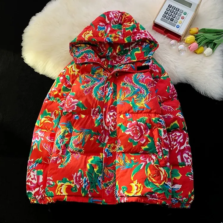 网红东北大花棉袄冬季新款宽松加厚民族风保暖男女同款棉服连帽