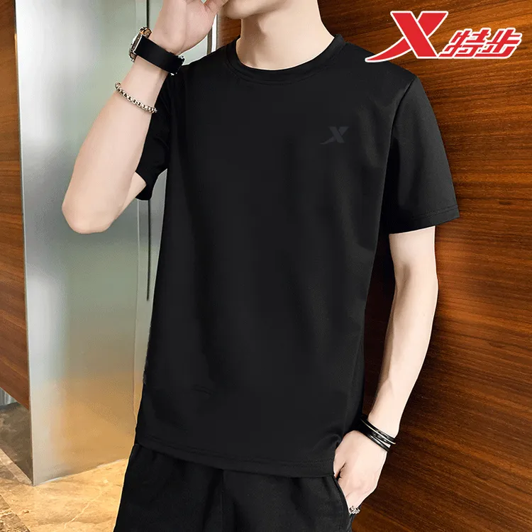特步短袖t恤男士2025春季新款黑色宽松休闲半袖冰丝透气速干衣男