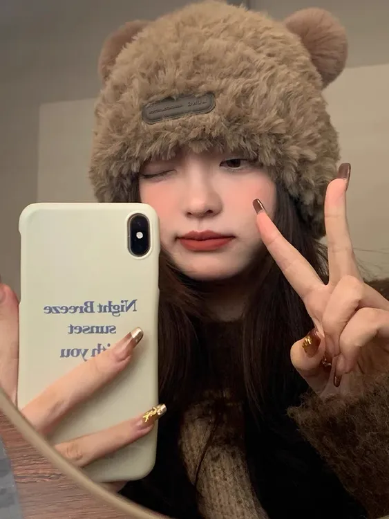 小熊毛线帽子女2023年新款可爱毛绒保暖毛毛大头围针织头套秋冬季