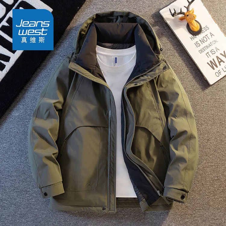 Jeanswest/真维斯冬季90白鸭绒冲锋羽绒服外套连帽中长款面包服男