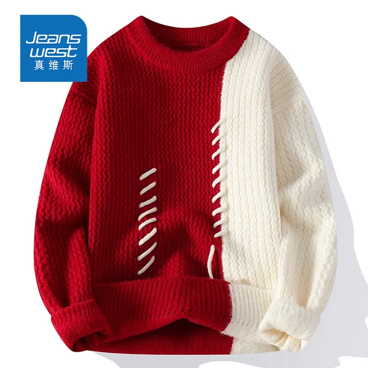 Jeanswest/真维斯除夕新年车厘子红色本命蛇年春节保暖厚毛衣男女