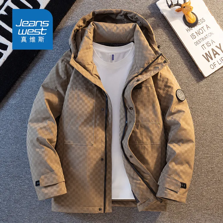 Jeanswest/真维斯冬季90白鸭绒冲锋羽绒服外套连帽中长款面包服男