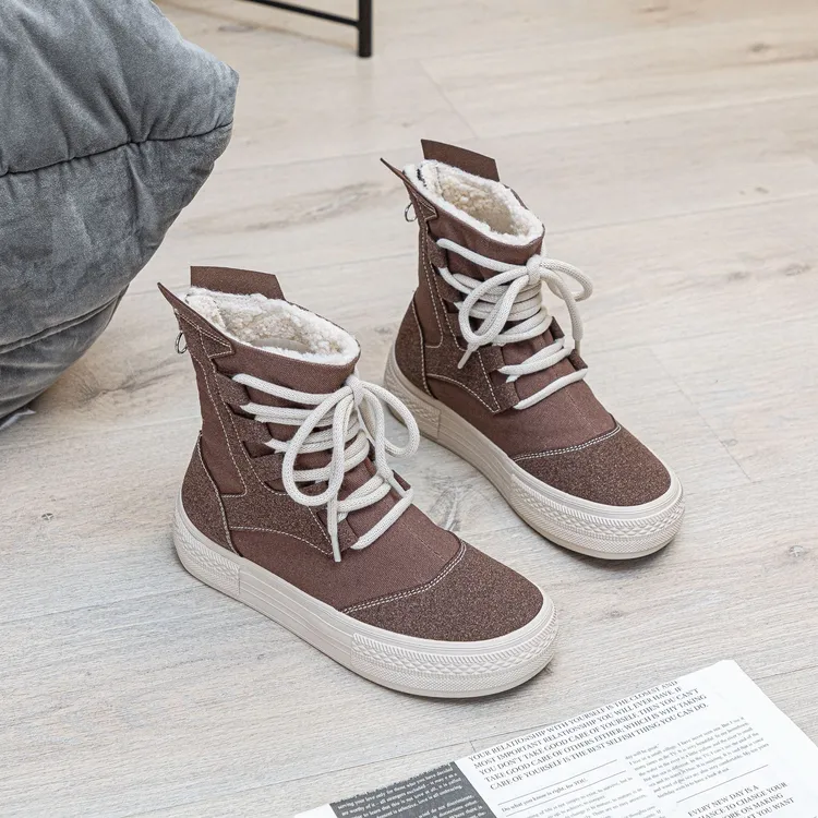 W28258冬季百搭个性加绒帆布女帆布鞋高腰鞋休闲平底厚底时尚保暖