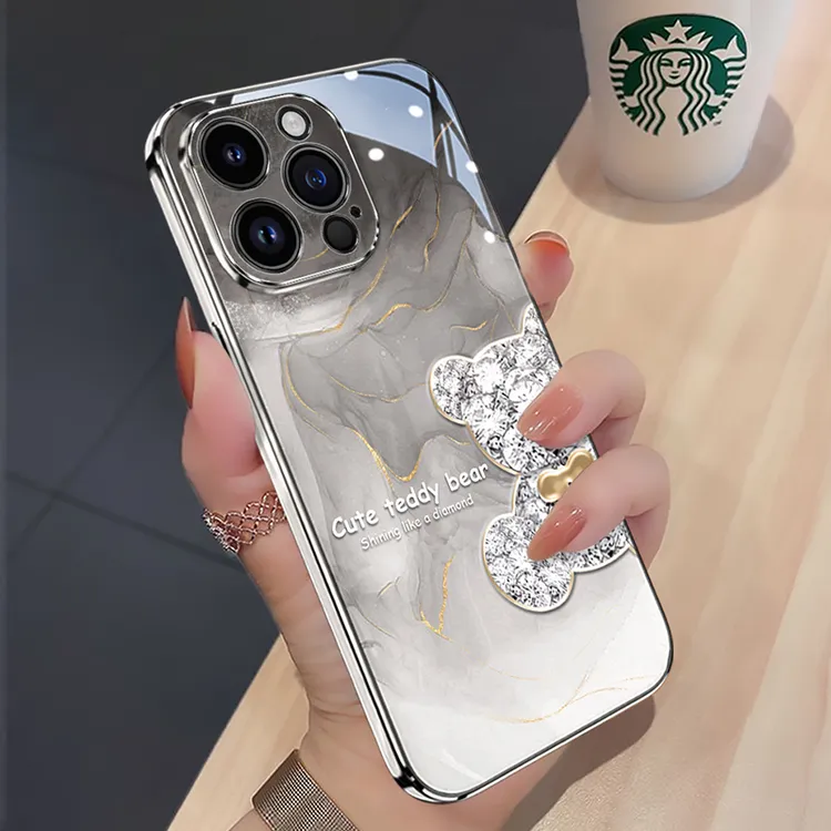 适用苹果17手机壳水墨钻熊iPhone16promax高级感15pro奢华ins女13