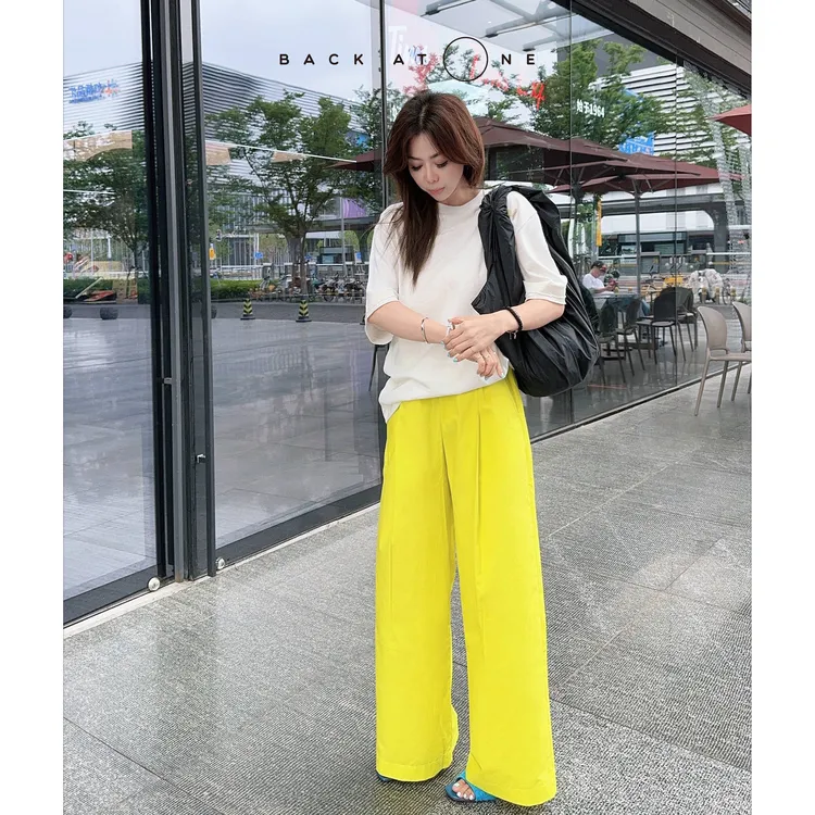 BackAtOne “冰柠檬”呼吸感高腰黄色松紧腰阔腿裤 BES-2BI280E-K