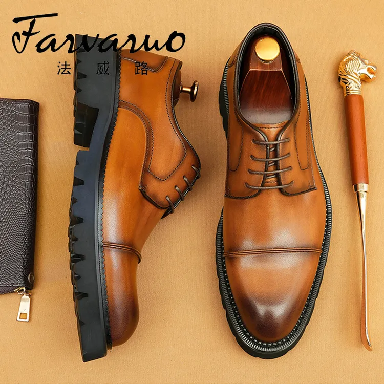 三接头皮鞋男真皮厚底增高通勤休闲德比鞋轻底擦色英伦风正装男鞋