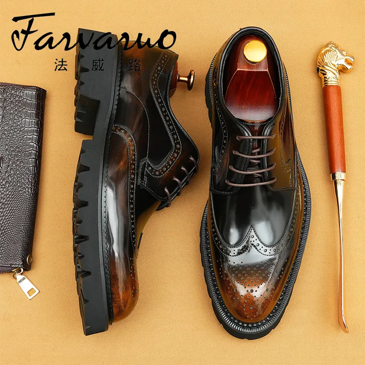 漆皮亮面皮鞋男增高厚底黑色商务真皮英伦雕花布洛克结婚新郎男鞋
