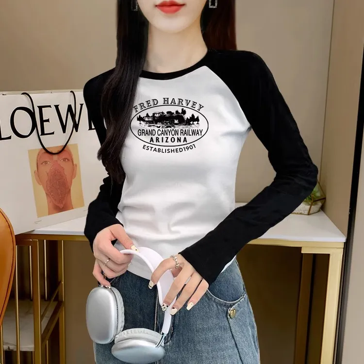 韩版小众撞色插肩长袖打底衫上衣2025春秋新款弧形下摆遮肉T恤女