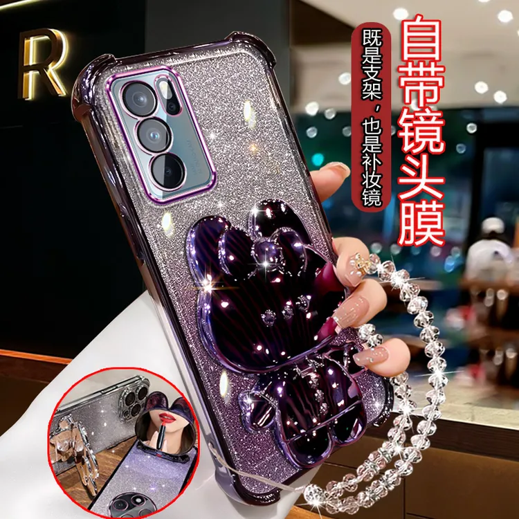 适用Oppo reno6手机壳网红电镀闪粉PEQM00镜头全包RENO6pro带支架