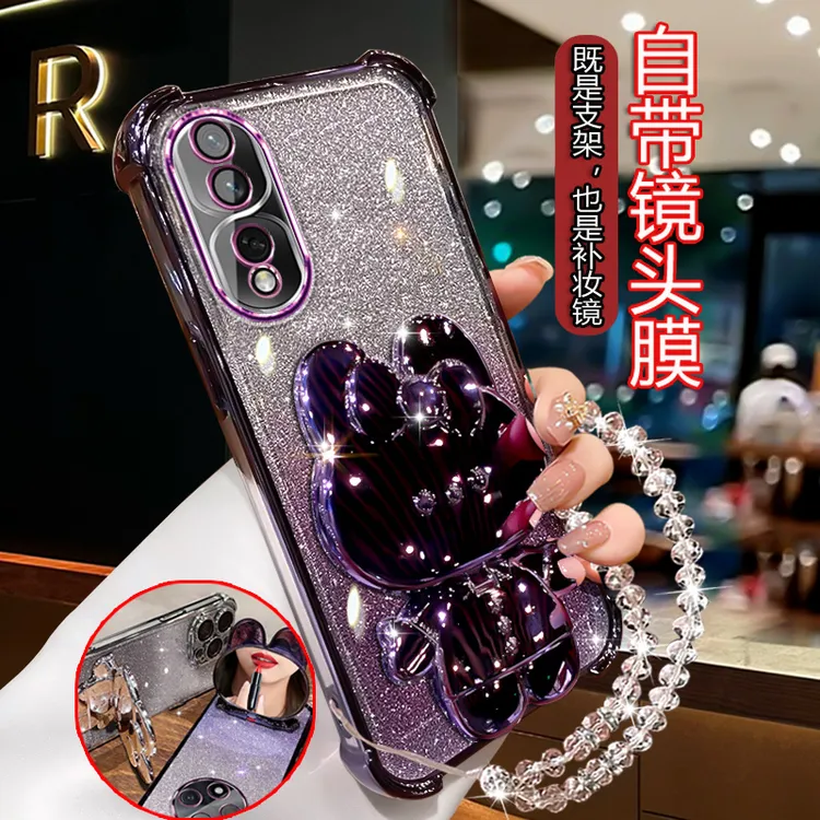 适用荣耀90曲屏手机壳女REA-AN00四角防摔软壳Honor90pro带镜支架