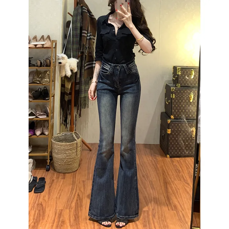 高腰压褶微喇牛仔裤女2025秋季新款百搭显瘦显腿长弹力喇叭长裤