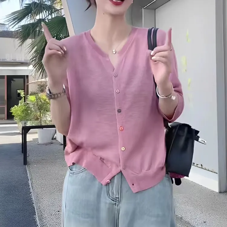 夏季防晒针织开衫薄纱宽松上衣显瘦气质v领竹节麻简约毛衣针织衫