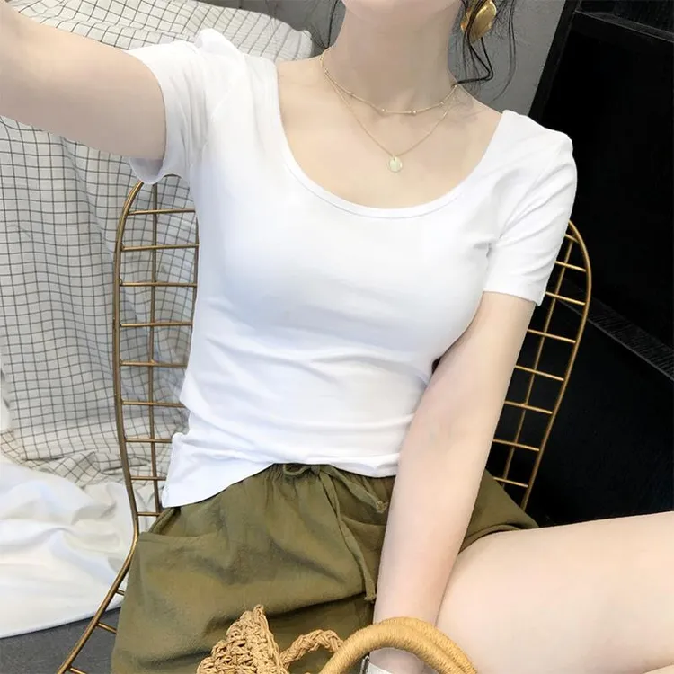 白色t恤女短袖2025新款低领紧身领打底衫百搭大领口短款夏季上衣 