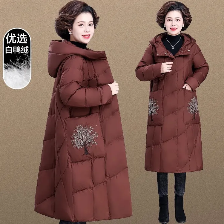 妈妈羽绒服冬季过膝长款中老年外套女秋冬大码遮肚老年人奶奶棉袄