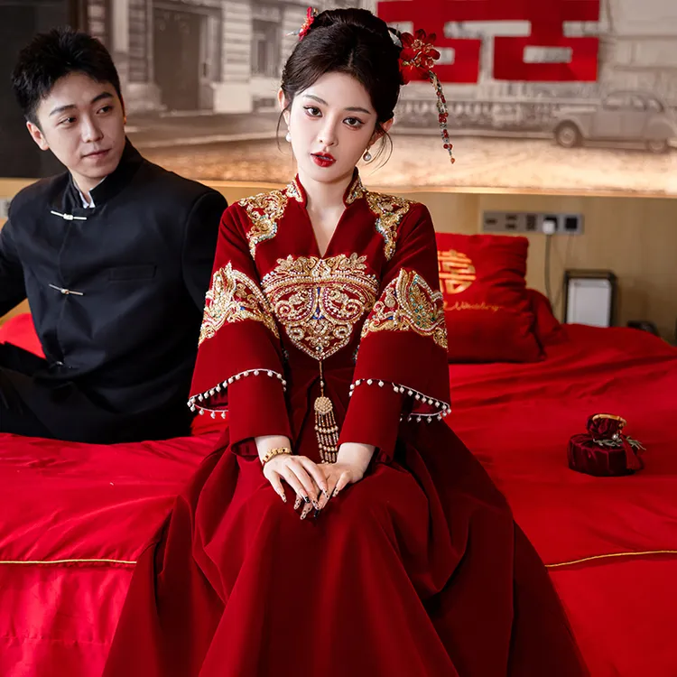 中式红色孕妇敬酒服新娘2026新款高腰遮肚大码小个子订婚秀禾服冬