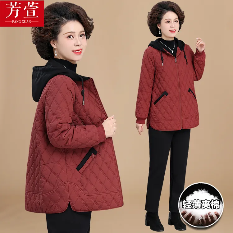 妈妈秋季夹棉外套轻薄棉服加肥加大码棉袄中老年人女春装棉衣