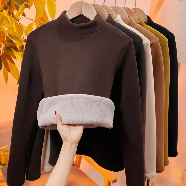 竖条纹冬款加绒加厚半高领打底衫中领百搭保暖上衣防寒抗皱高端绒