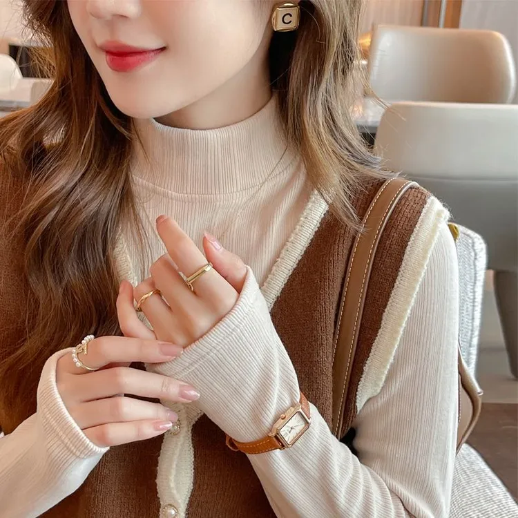 2025半高领打底衫竖条纹加绒内搭椰绒冬季磨毛保暖百搭上衣抗寒