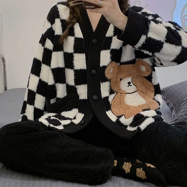 家居服批法兰绒加绒睡衣加厚珊瑚绒2022女新款长毛秋冬季套装保暖