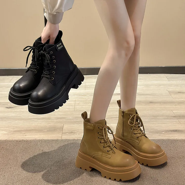 马丁靴2024女女鞋新款秋季英伦风厚底短筒马丁靴子圆头系带休闲