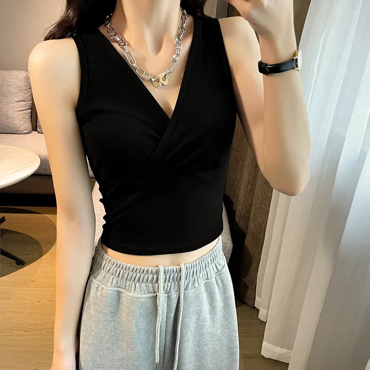 黑色v领吊带背心女士2025夏季新款外穿修身无袖短款露脐打底上衣