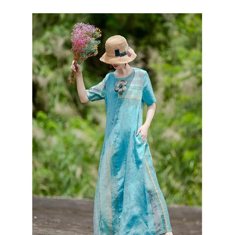 复古文艺日本夏季宽松休闲拼接裙子外贸气质长连衣裙棉麻