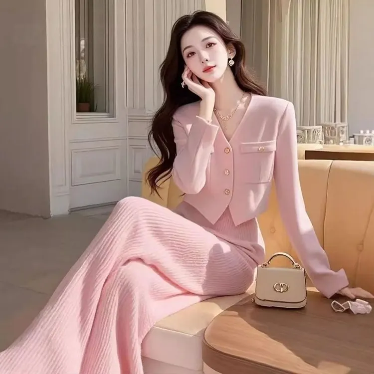 秋装搭配一整套高级感韩系氛围感时尚通勤风粉色外套裤子两件套女