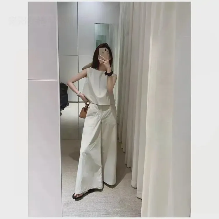 休闲韩系夏季新款两件套短款上衣高腰阔腿裤时尚显瘦气质小众