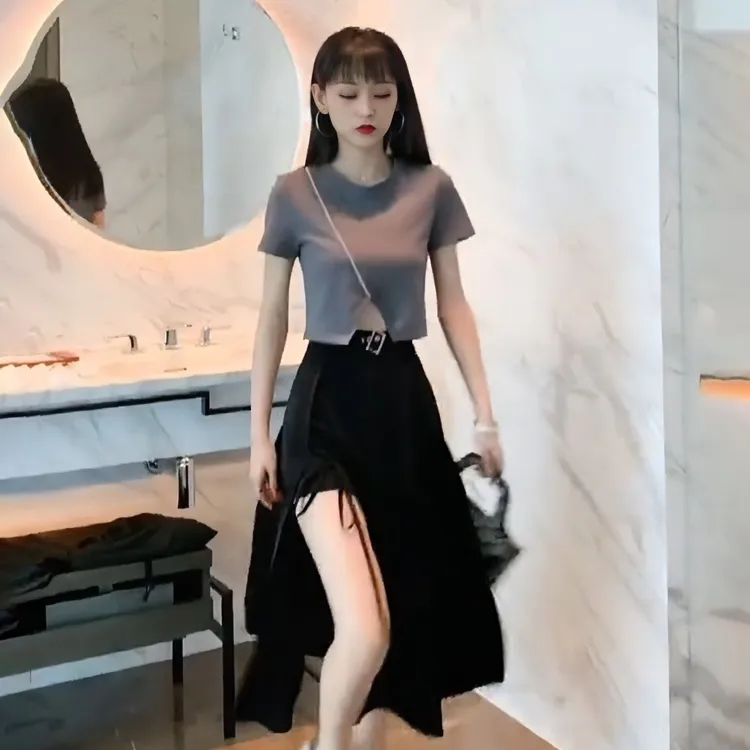 新款夏季上衣盐系穿搭高级感御姐甜酷风两件套装开叉半身裙女
