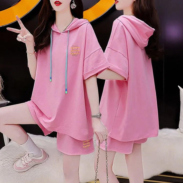 胖mm休闲宽松网红减龄纯棉运动套装女夏季新款韩版短袖短裤两件套