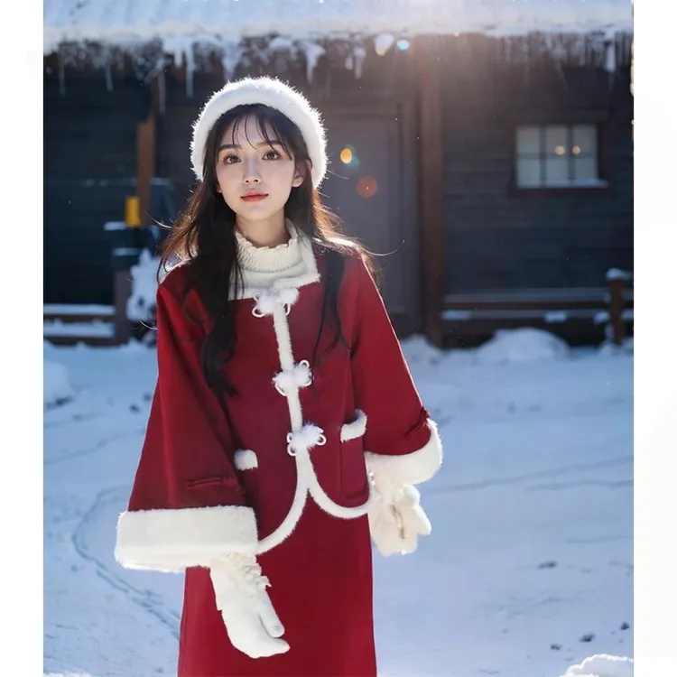 新年圣诞氛围感毛呢套装女冬季加厚拼接毛毛盘口外套半身裙两件套