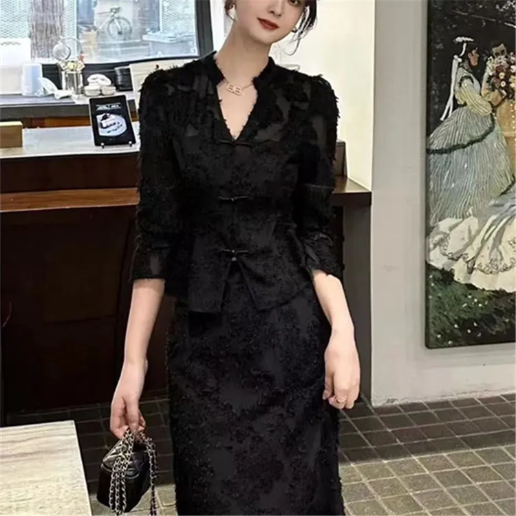 复古国潮新中式盘扣提花外套开叉半裙名媛高级感两件套女