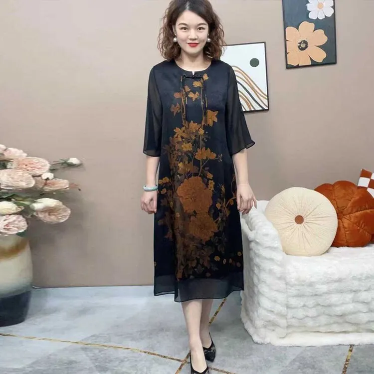 洋气夏季时尚复古连衣裙国风宽松遮肉显瘦圆领妈妈装中长款连衣裙