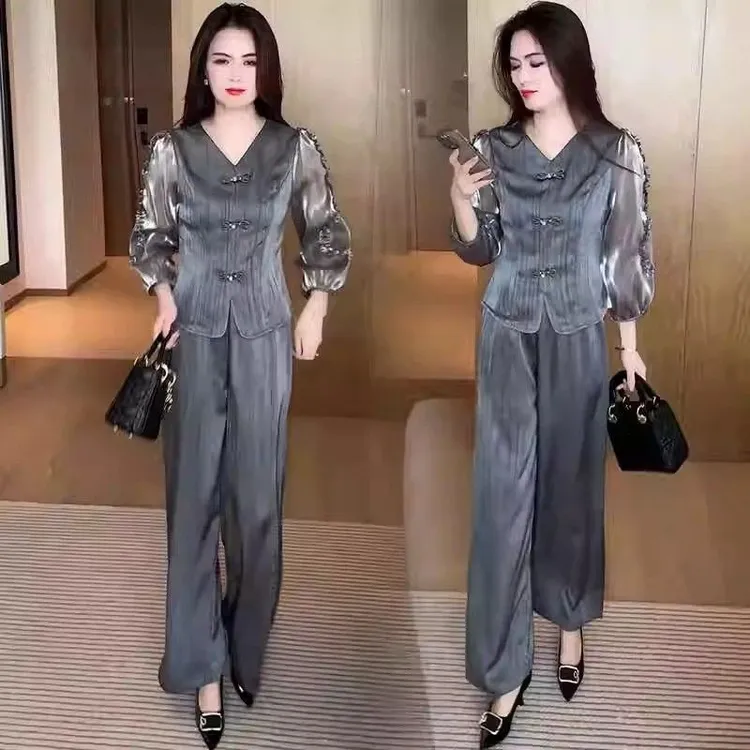 高级感气质时尚套装女士春秋新款中年妈妈装盘扣上衣新中式两件套