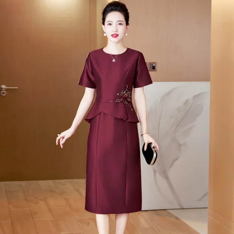 秋季中长款修身遮肚假两件妈妈装时尚简约高档气质中老年婚宴礼服