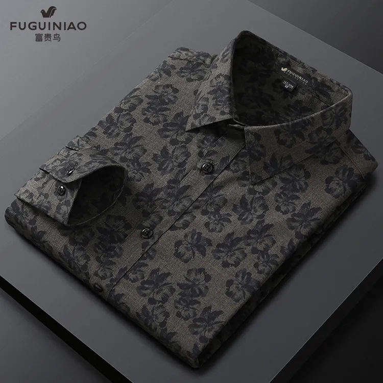 FUGUINIAO/富贵鸟男士长袖衬衫中国风轻奢花型秋季印花休闲衬衣
