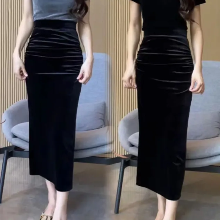 金丝绒修身半身裙女春秋新款黑色高腰中长款一步显瘦开叉长裙