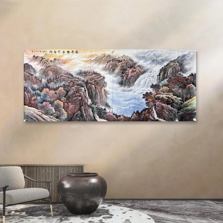 李川浦名画手绘山水画国画中国字画藏品专业瀑布横飞翠壑间图作品